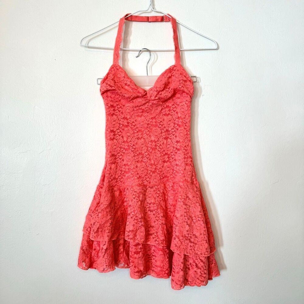NWT Outcast Floral Lace Halter Naina Tiered Coral Mini Dress Small